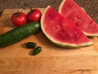 watermelon, tomatoes, cucumber, japapenos